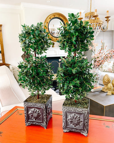 25" Faux Boxwood Topiaries In Tole French Orangerie Planters