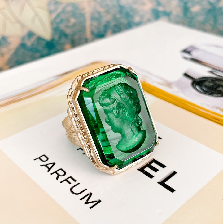 Italian Bronze Octagonal Cocktail Ring With Green Murano Intaglio