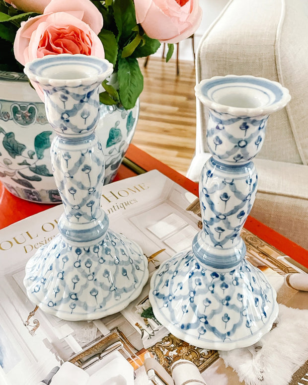 Pair Of Blue & White Hand-Painted Porcelain Candlesticks