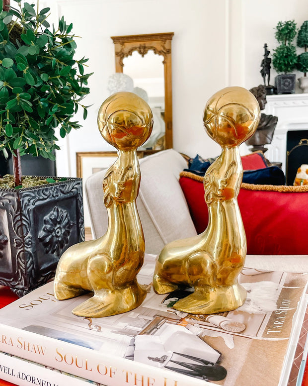 Vintage Pair Of Brass Seals Balancing Balls