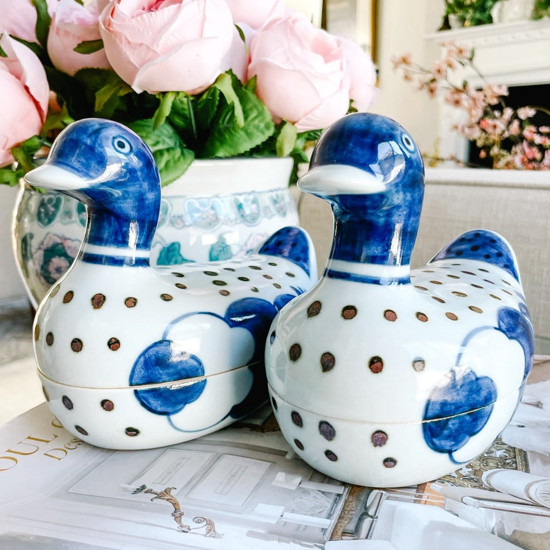 Pair Of Chinese Blue & White Porcelain Duck Boxes