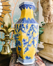 Large Blue & Yellow Hexagonal Chioiserie Vase