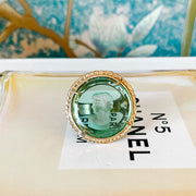 Italian Bronze Round Cocktail Ring With Green Murano Intaglio