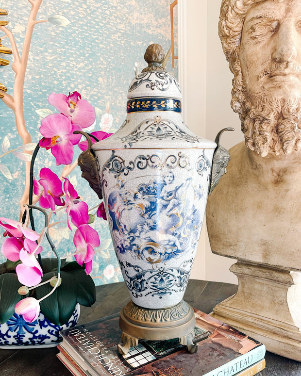 Large 19" Lidded Urn With Brass Ormolu