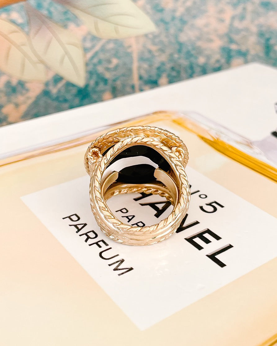 Italian Bronze Round Cocktail Ring With Black Murano Intaglio