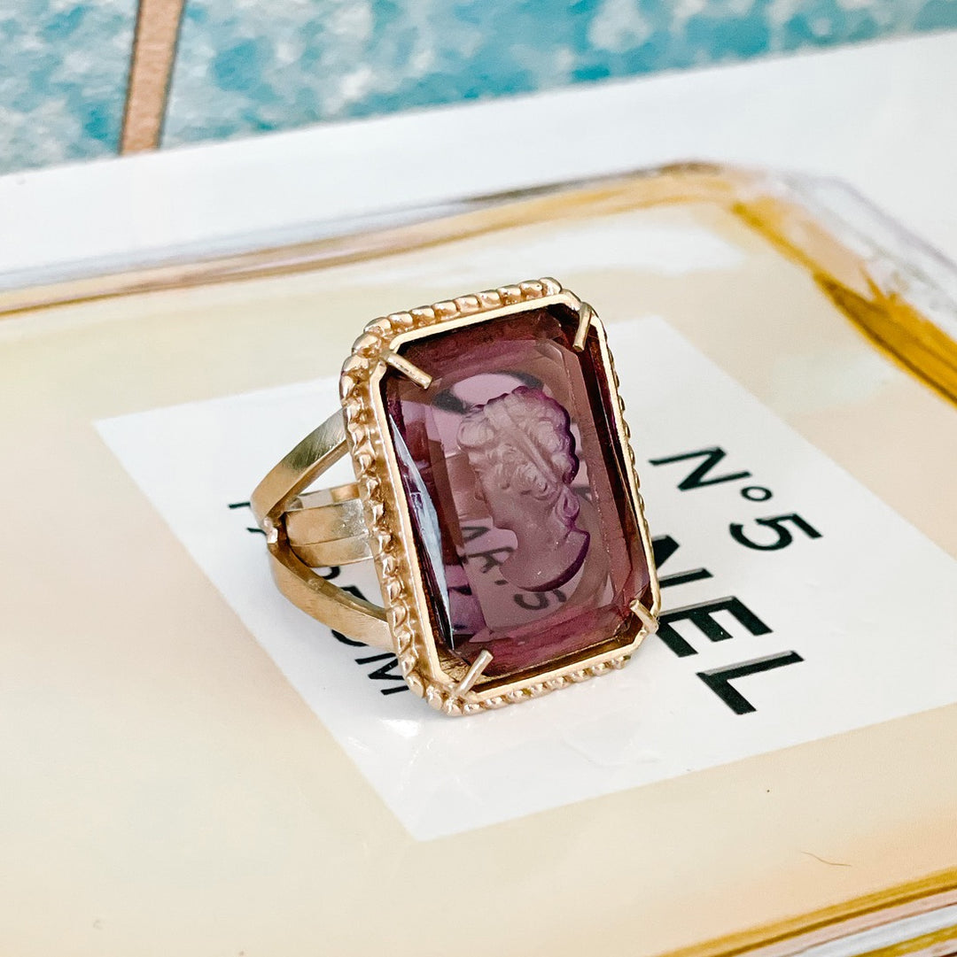 Italian Bronze Cocktail Ring With Amethyst Murano Intaglio