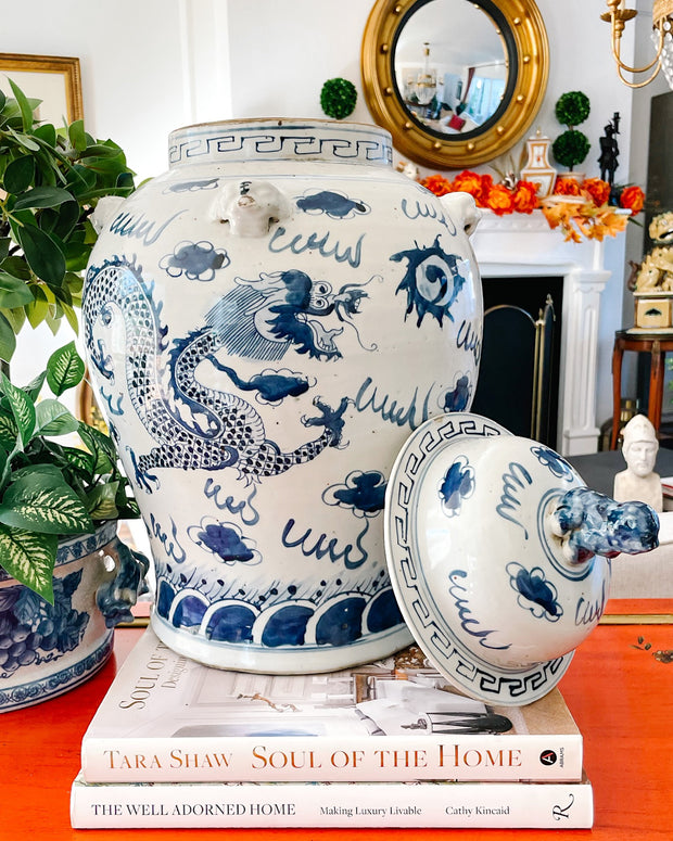 XL Chinoiserie Blue & White Imperial Dragon Temple Jar