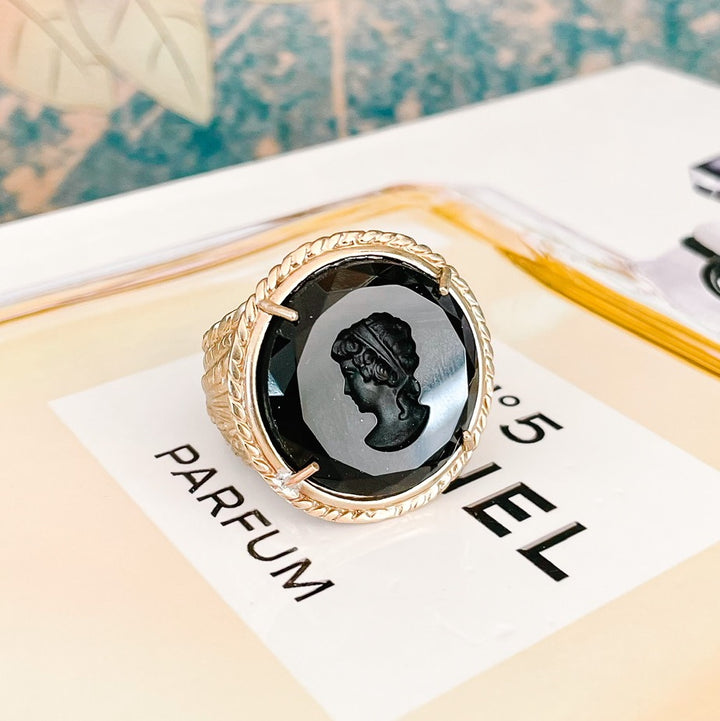 Italian Bronze Round Cocktail Ring With Black Murano Intaglio