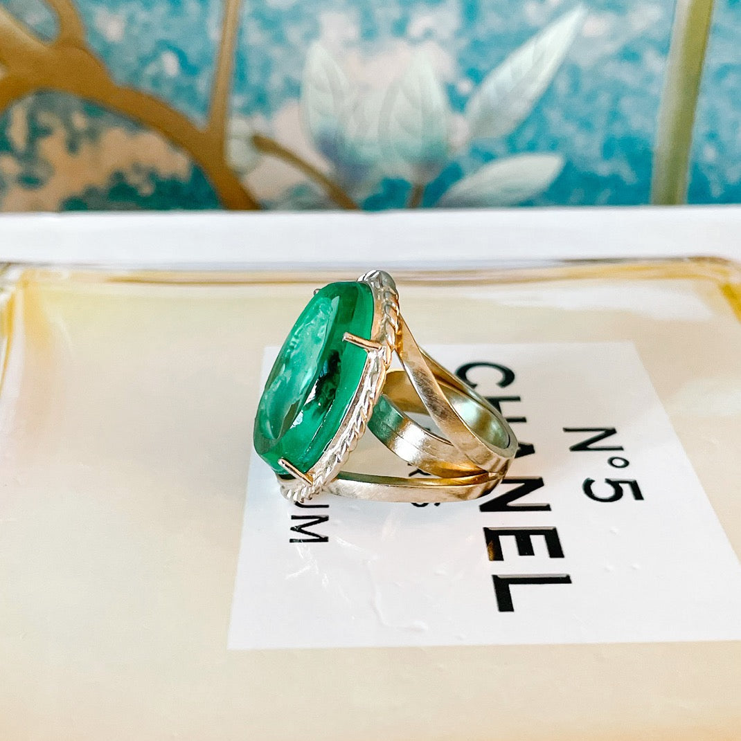 Italian Bronze Oval Cocktail Ring With Green Murano Intaglio