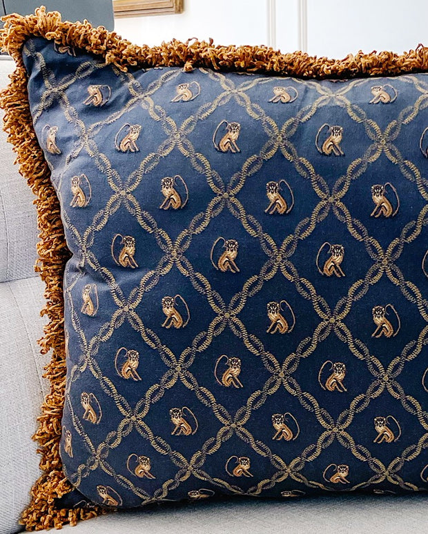 Vintage 24" Navy Blue Chinoiserie Monkeys Pillow