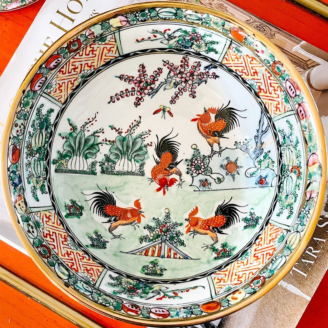 Antique Cantonese Famille Rose Bowl With Rooster Motif