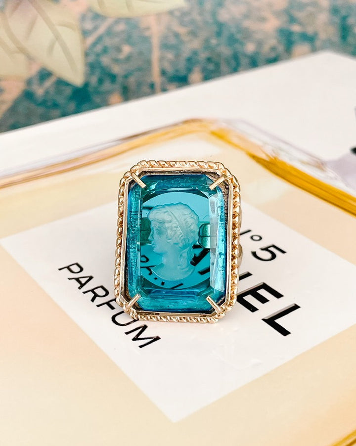 Italian Bronze Cocktail Ring With Blue Murano Intaglio