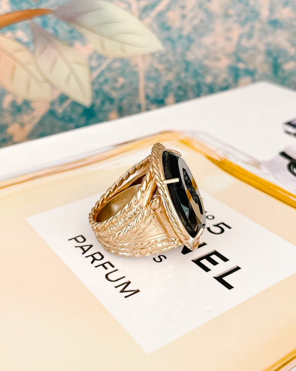 Italian Bronze Round Cocktail Ring With Black Murano Intaglio