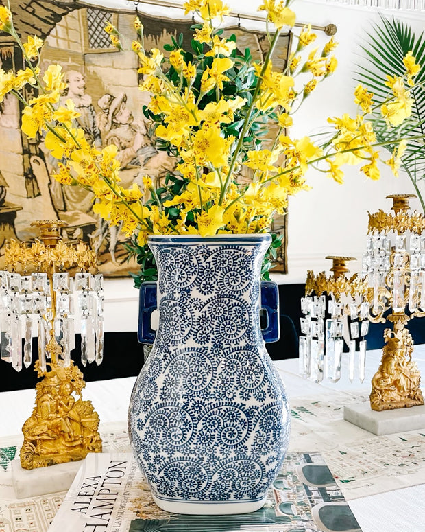 Blue & White Stylized Peonies Chinoiserie Handled Vase