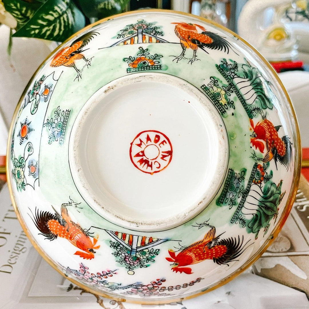 Antique Cantonese Famille Rose Bowl With Rooster Motif