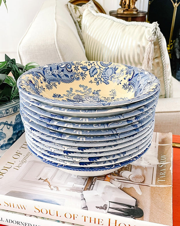Spode Blue & Yellow Soup Bowls, Set Of 12