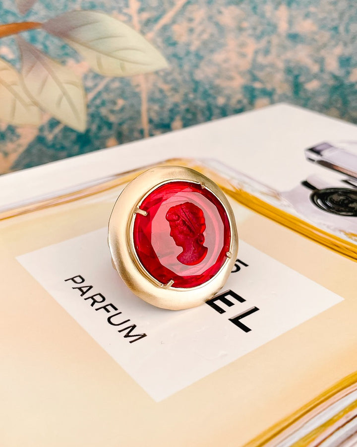 Italian Bronze Round Cocktail Ring With Red Murano Intaglio