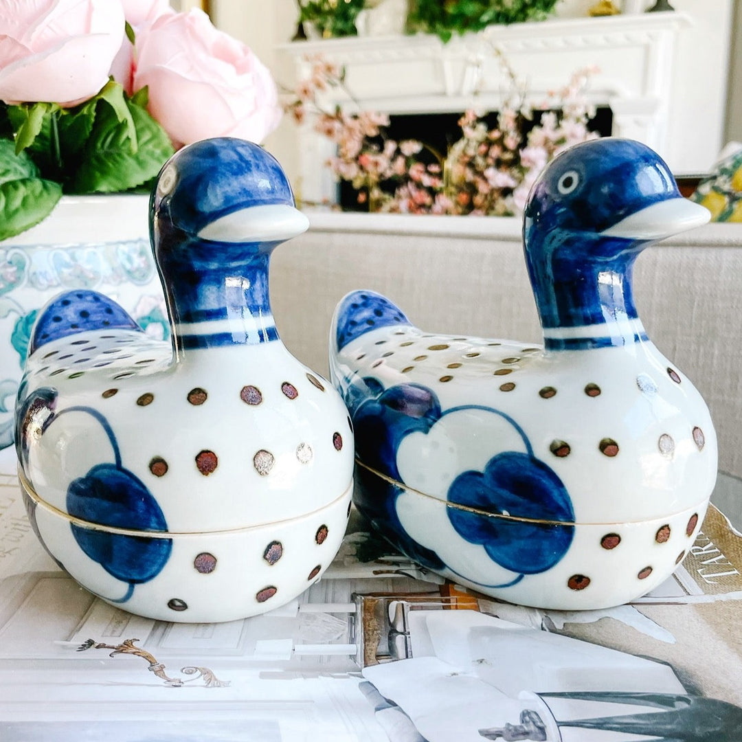 Pair Of Chinese Blue & White Porcelain Duck Boxes