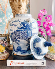 Chinoiserie Blue & White Mythological Qilin Temple Jar