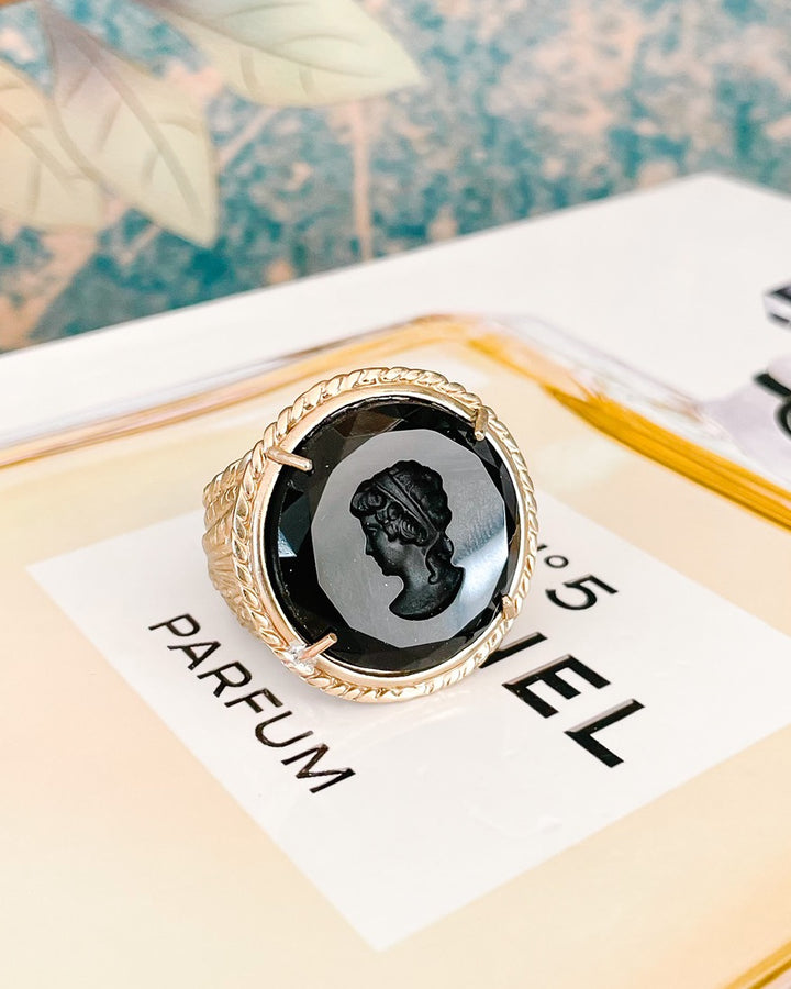 Italian Bronze Round Cocktail Ring With Black Murano Intaglio