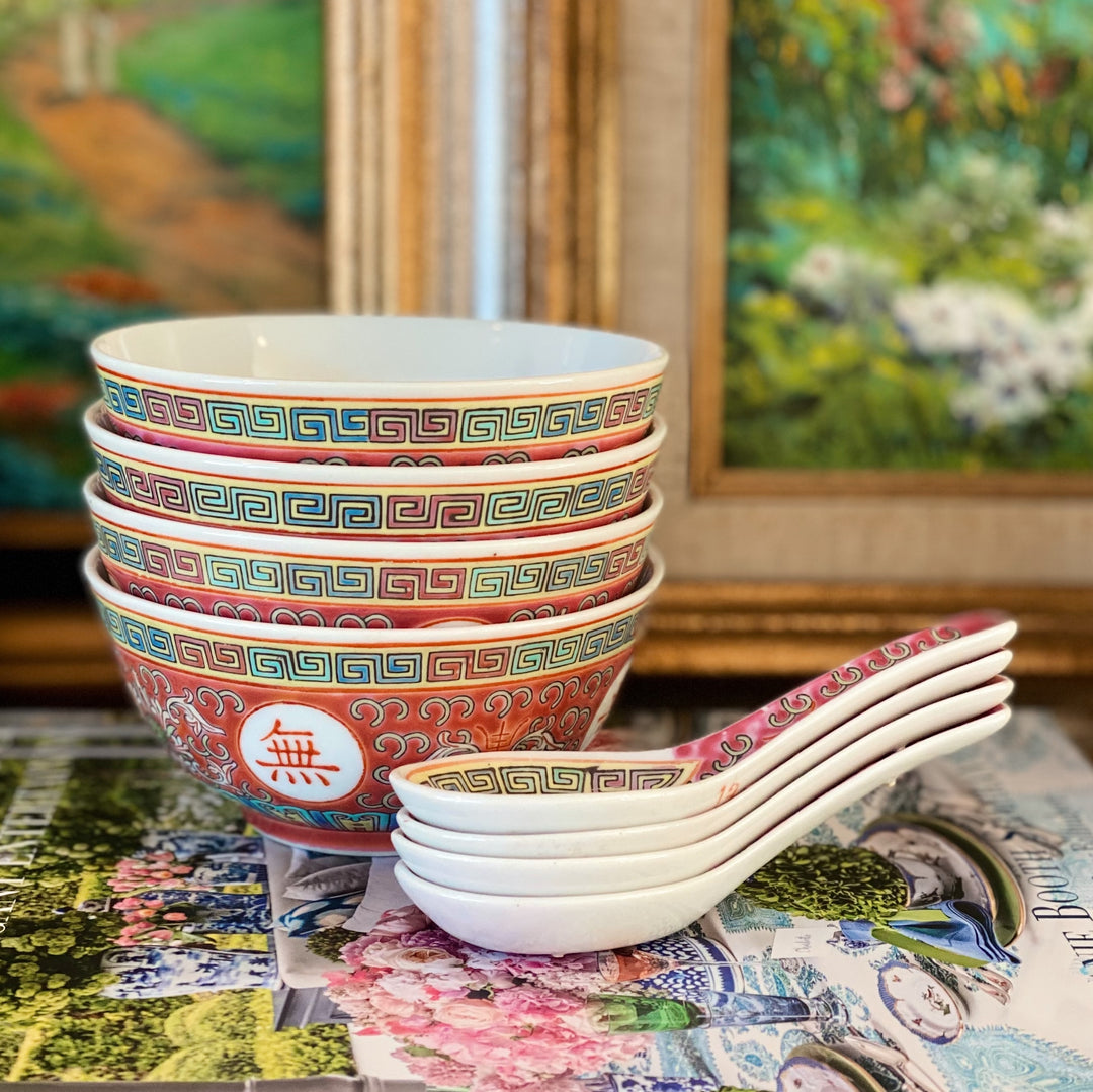 Vintage 1980s Chinese Export Enamel Rice Bowls With Spoons