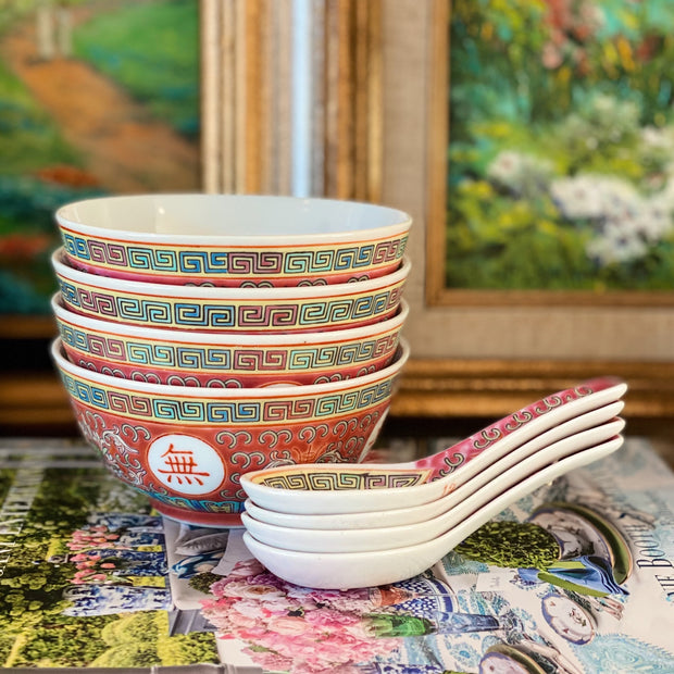 Chinese Export Enamel Rice Bowls With Spoons