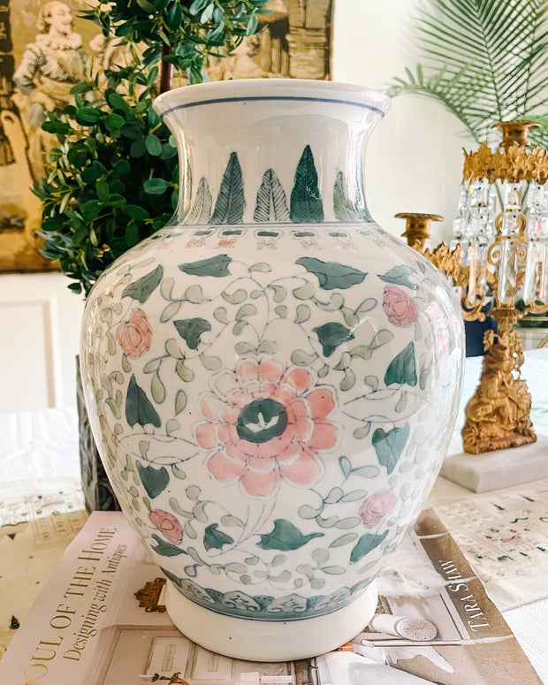 Green & Pink Chrysanthemums Chinoiserie Vase