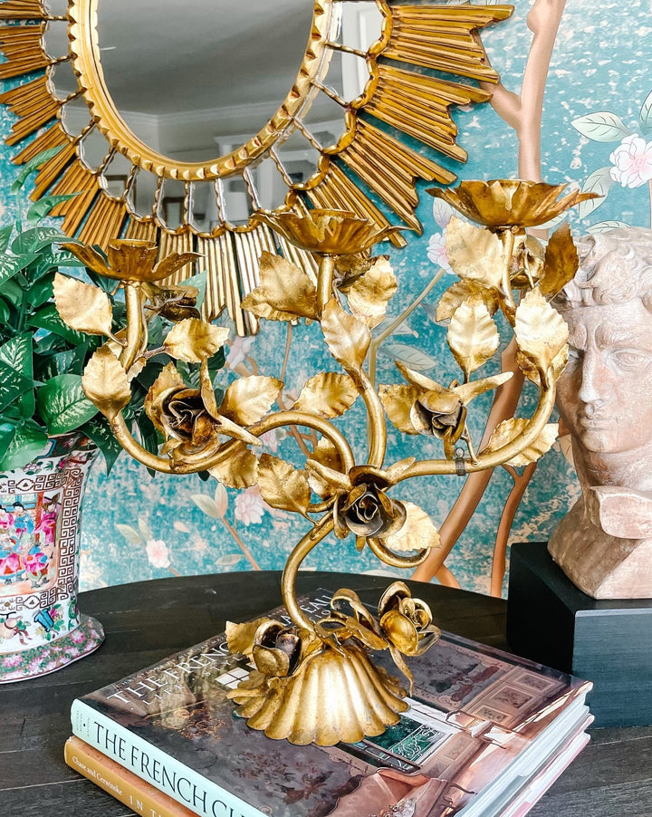 Mid-Century Italian Gilt Tole Three Arm Candelabra