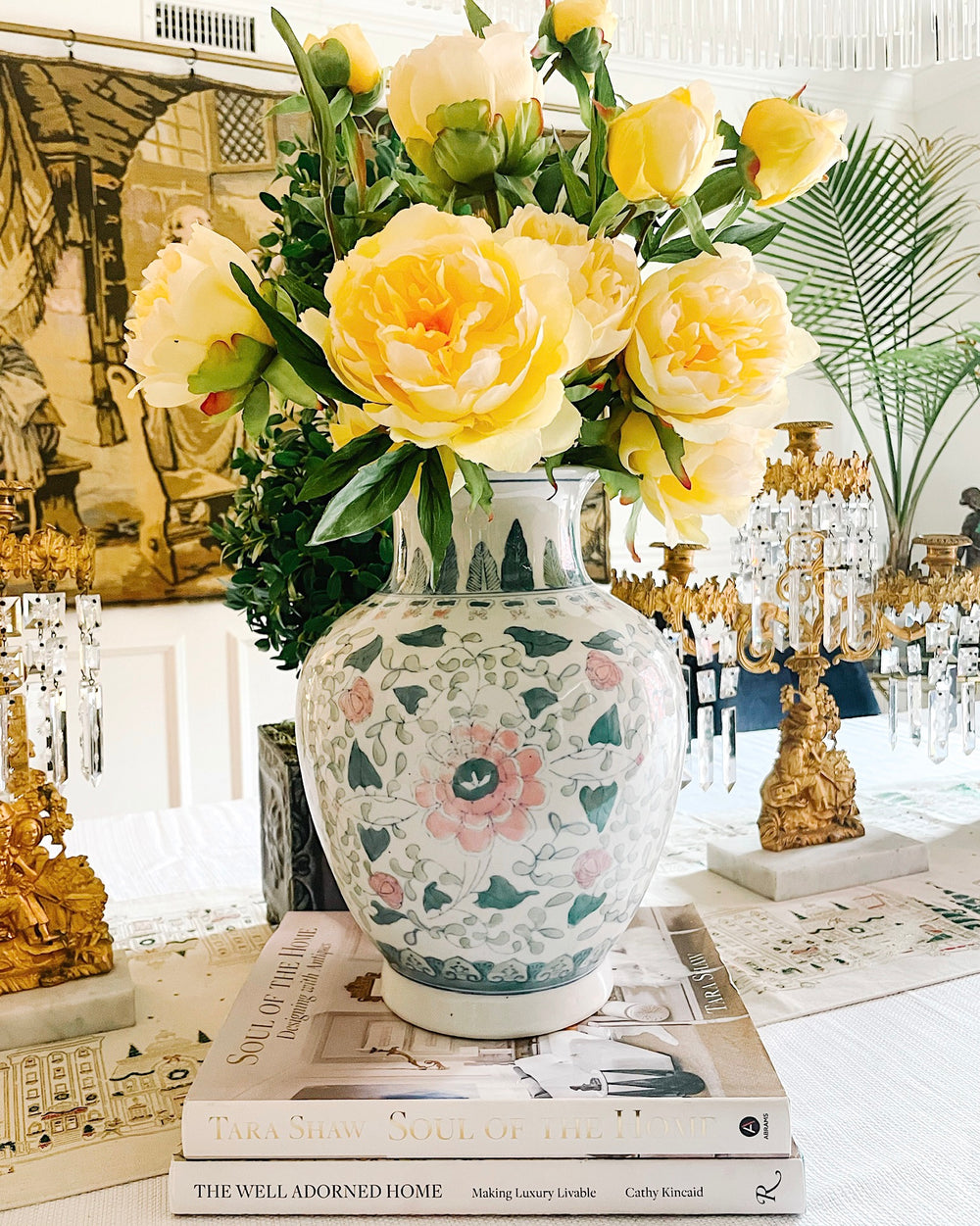 Green & Pink Chrysanthemums Chinoiserie Vase