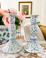 Pair Of Blue & White Hand-Painted Porcelain Candlesticks