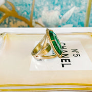 Italian Bronze Round Cocktail Ring With Green Murano Intaglio