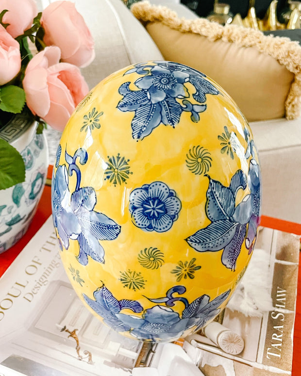 Large Blue & Yellow Chinoiserie Porcelain Egg