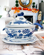 Blue & White Chinoiserie Sauce Dish With Ladle & Underplate