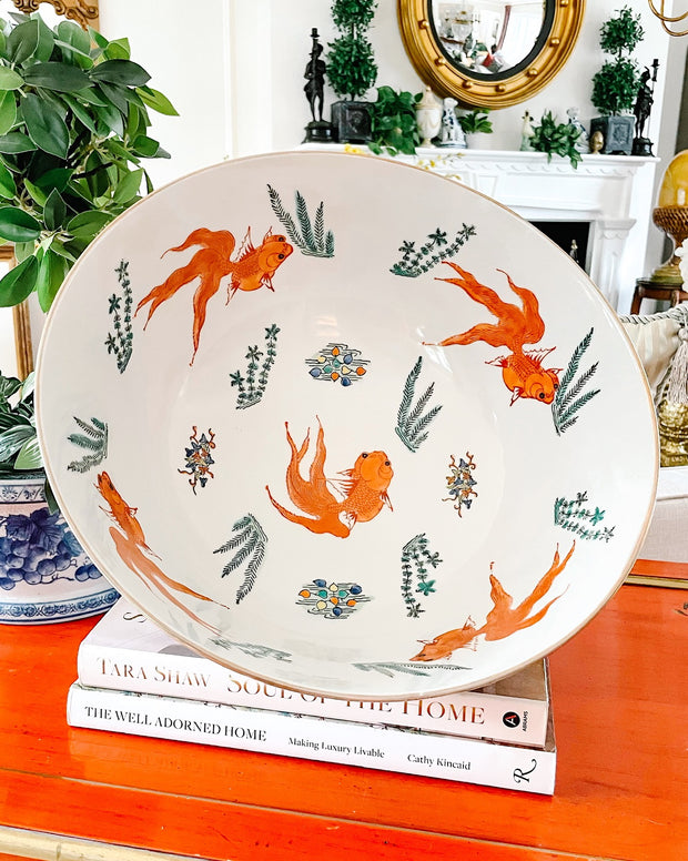 X-Large 14" Coral Phoenix Bowl With Koi Fish