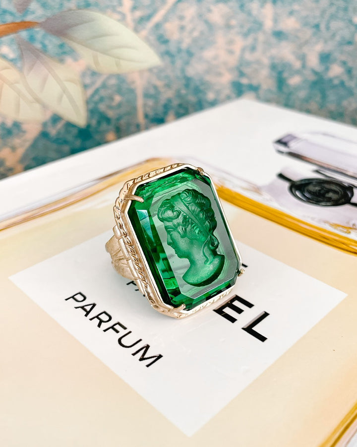 Italian Bronze Octagonal Cocktail Ring With Green Murano Intaglio