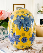 Large Blue & Yellow Chinoiserie Porcelain Egg